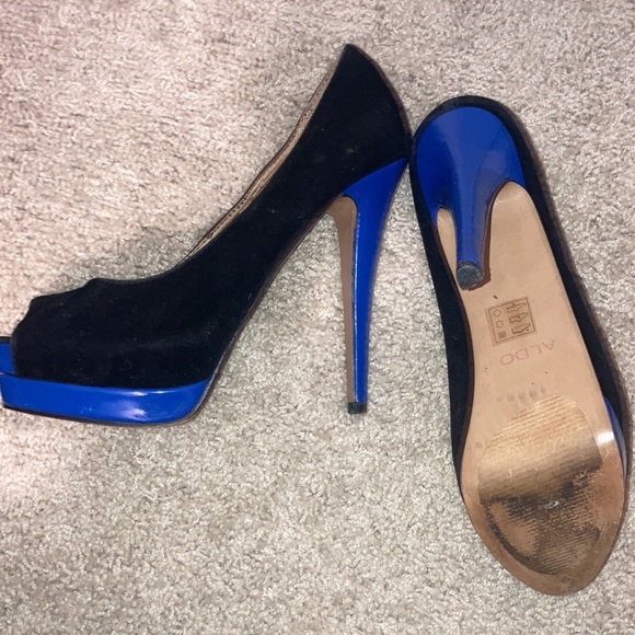 Aldo Electric Blue and Black Suede Peep Toe High Heels 6.5 - Picture 3 of 4